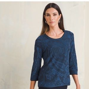 NWT Chico's Blue Paisley Jacquard Cotton Blend Sweater Size 1